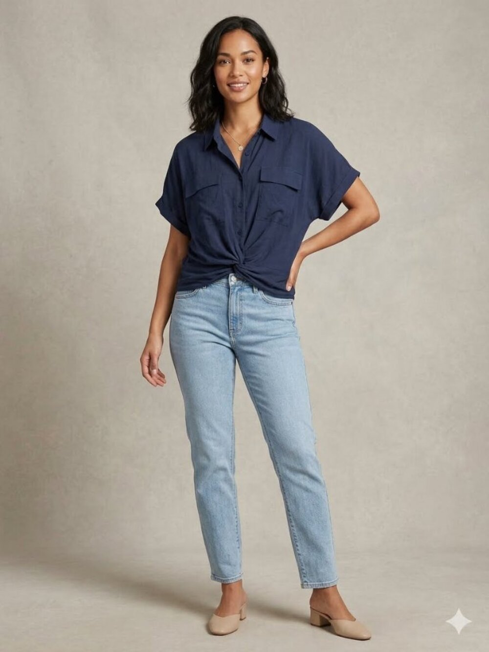 Sunburst Kiss Navy Blue Twist Front Cropped Shirt XL